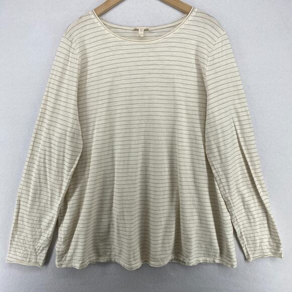 EILEEN FISHER Top XL Organic Cotton Undyed Jersey Gray Stripes Off White - Picture 1 of 12